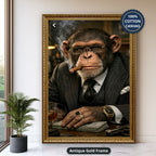 Dapper Monkey With Cigar Canvas Wall Art, Charcoal Grey, Vintage Noir