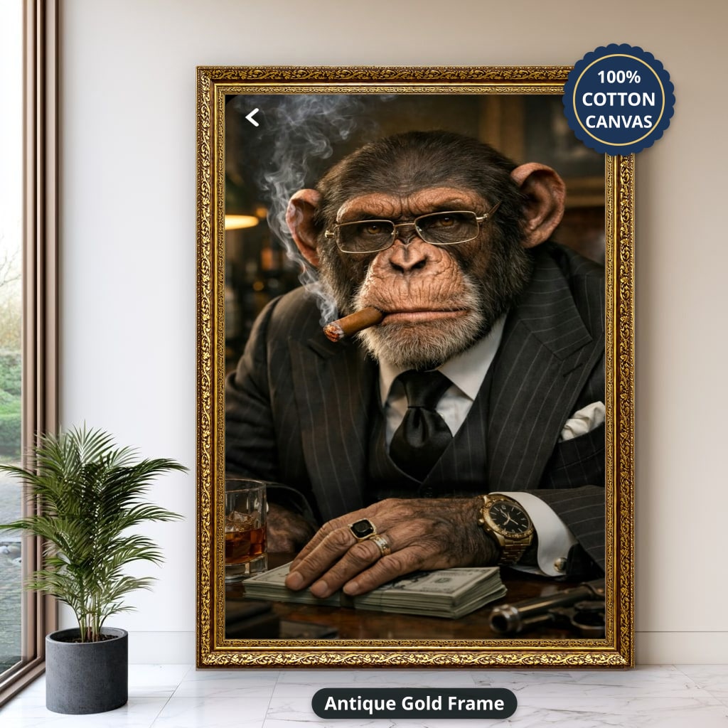 Dapper Monkey With Cigar Canvas Wall Art, Charcoal Grey, Vintage Noir