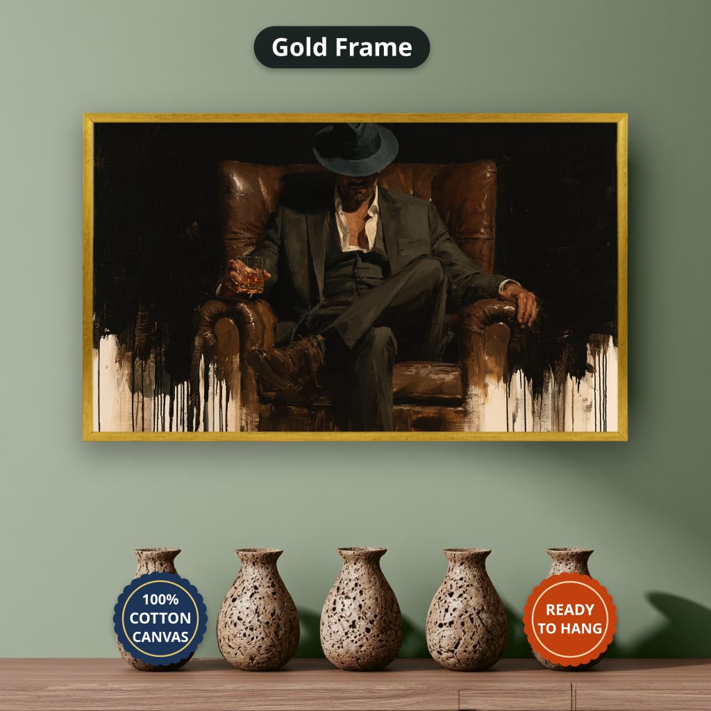 Gangster In Leather Armchair Canvas Wall Art, Oversized Horizontal