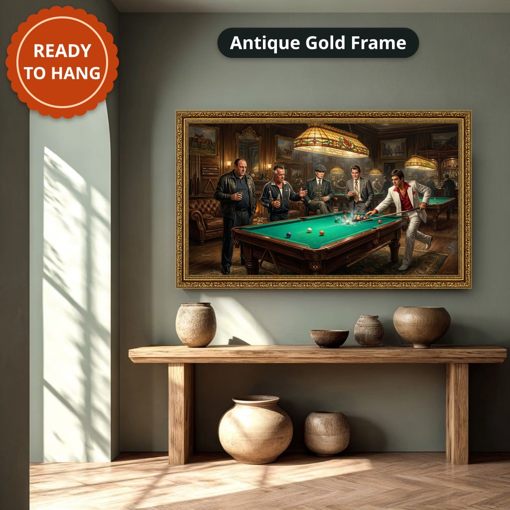 Gangster Canvas Wall Art, Mafia Pool Hall Scene, Man Cave Decor