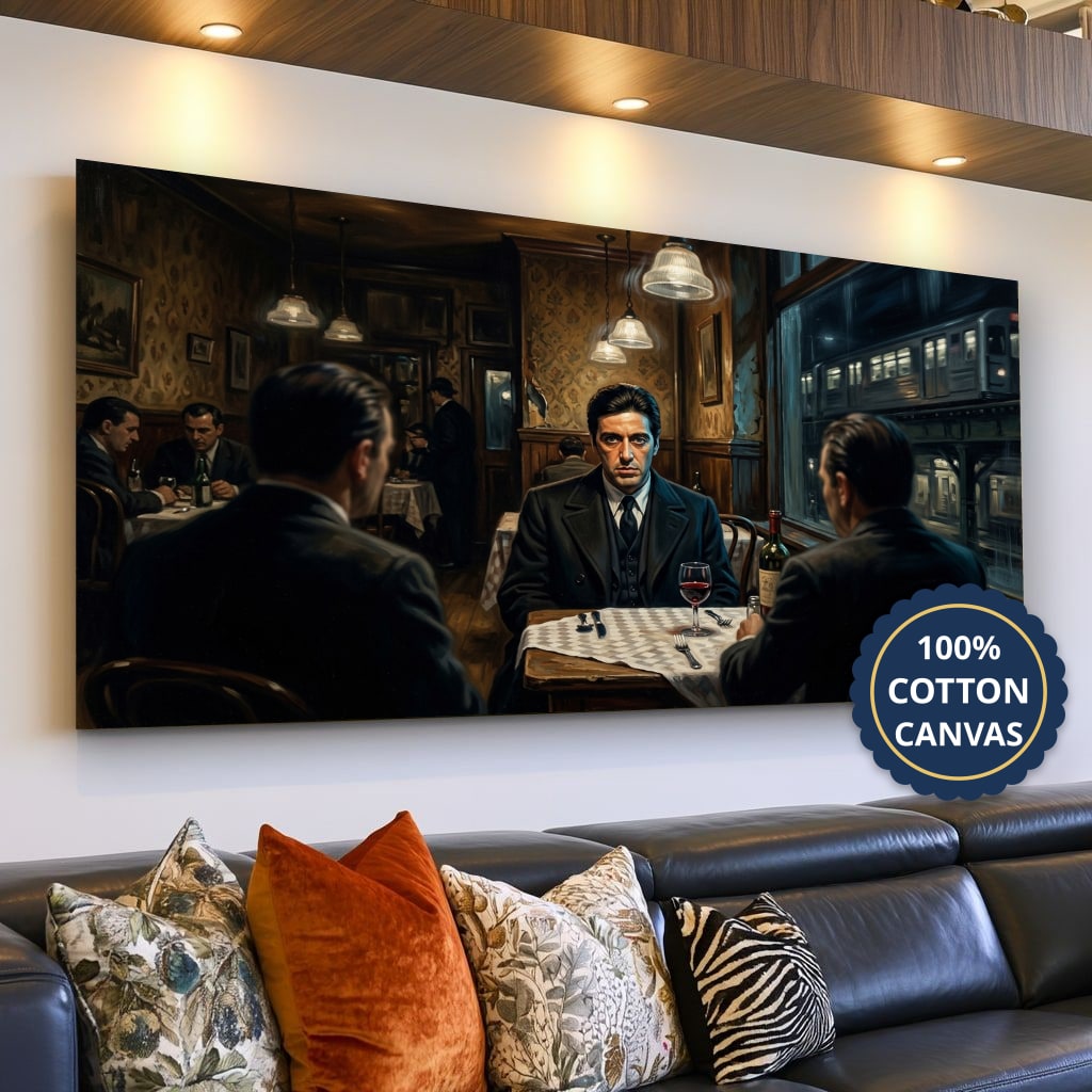 Monochrome Gangster Dinner Scene Canvas Wall Art, Vintage Noir