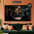Monochrome Gangster Dinner Scene Canvas Wall Art, Vintage Noir