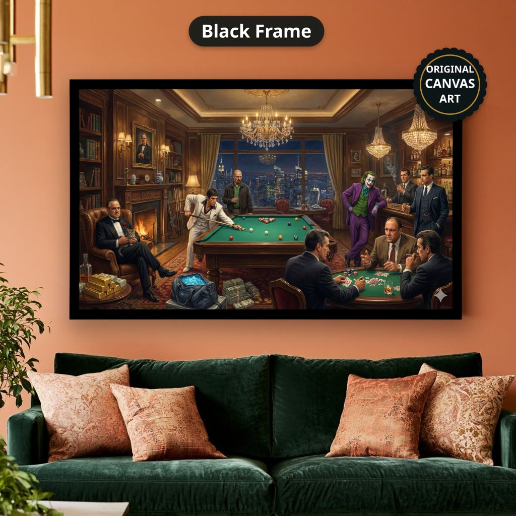 Dark Charcoal Grey Gangster Casino Scene Canvas Wall Art, Vintage Noir