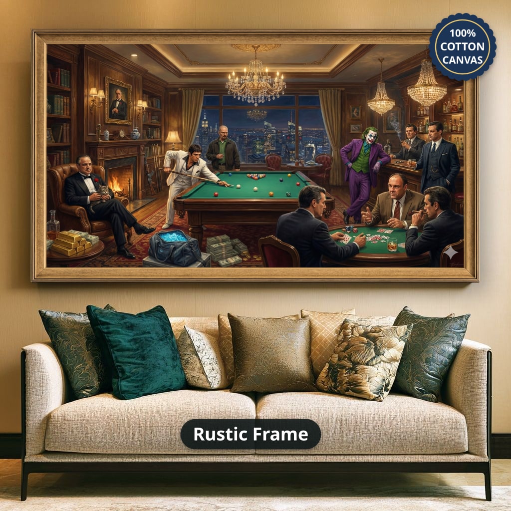 Dark Charcoal Grey Gangster Casino Scene Canvas Wall Art, Vintage Noir