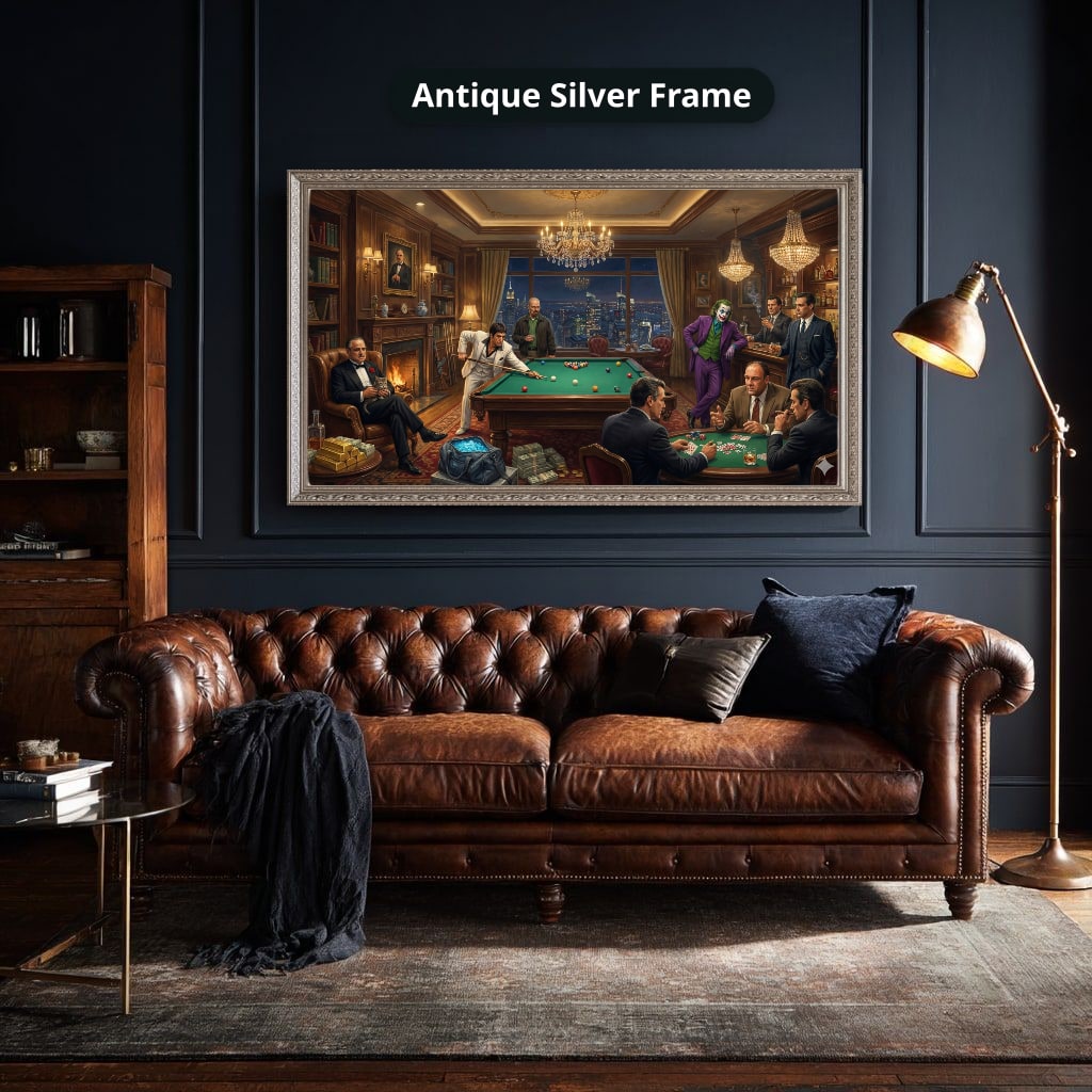 Dark Charcoal Grey Gangster Casino Scene Canvas Wall Art, Vintage Noir