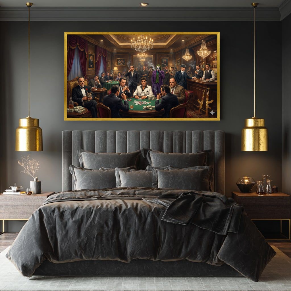 Dark Charcoal Grey Gangster Casino Scene Canvas Wall Art