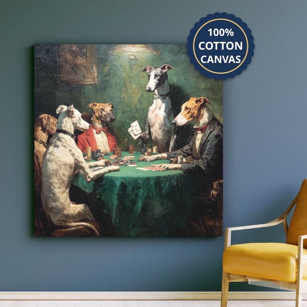 Dogs Playing Poker At Card Table Canvas Wall Art, Deep Green