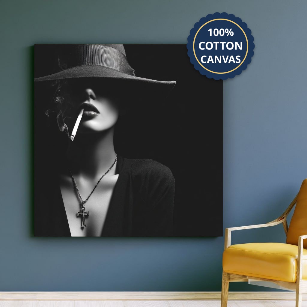 Woman In Hat Smoking Cigarette Canvas Wall Art, Black White