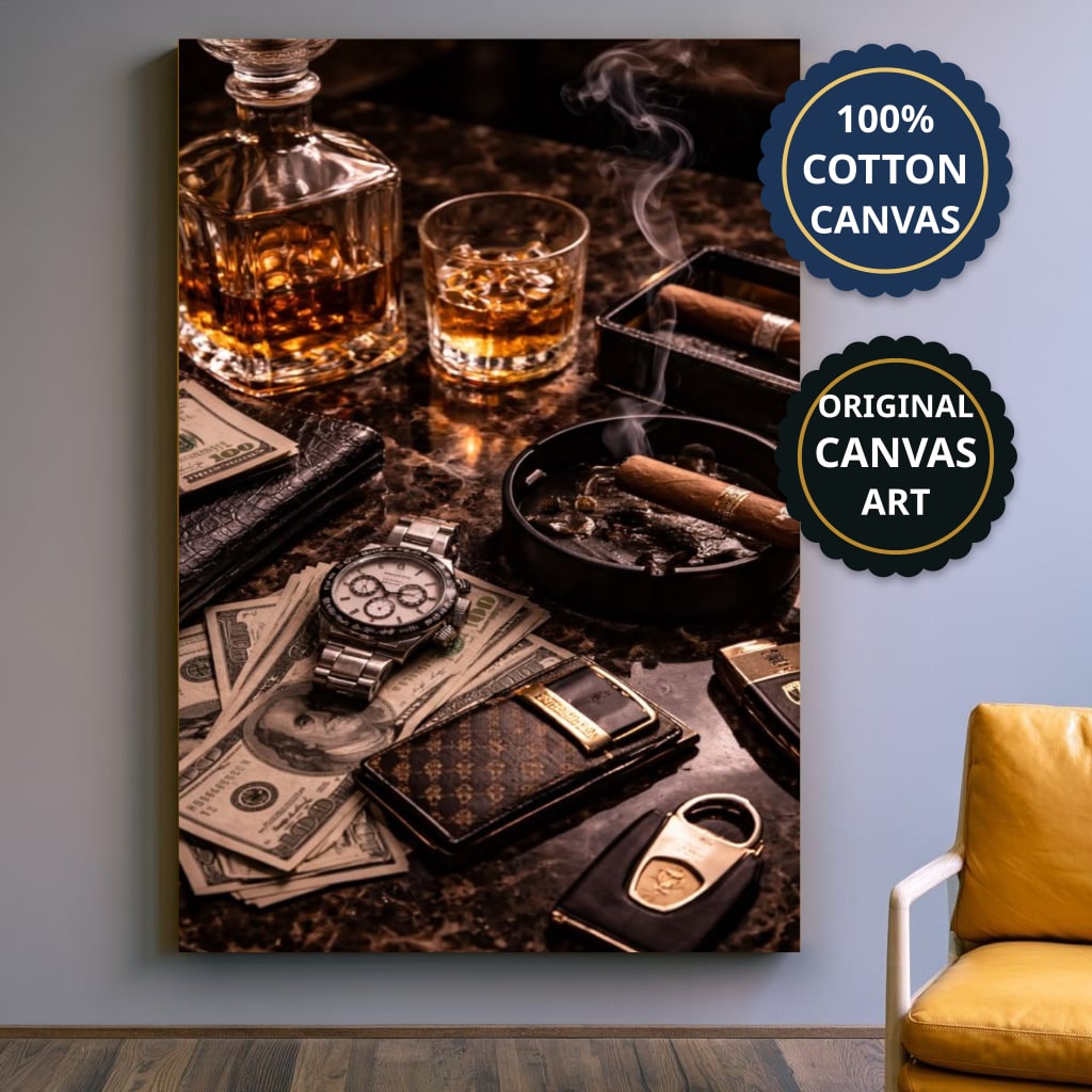 Whiskey Cigar And Luxury Desk Canvas Wall Art, Large Vertical