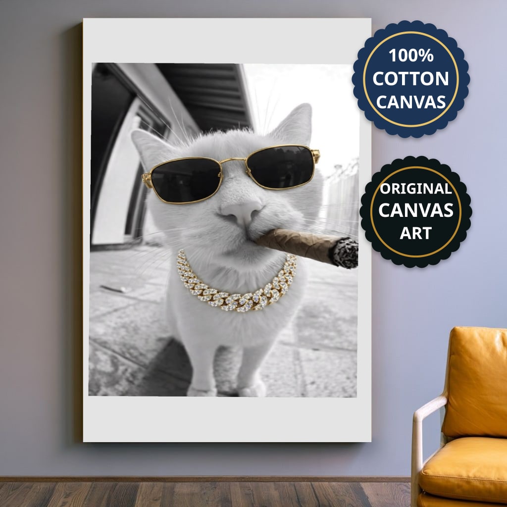 White Cat Wearing Sunglasses With Cigar Canvas Wall Art