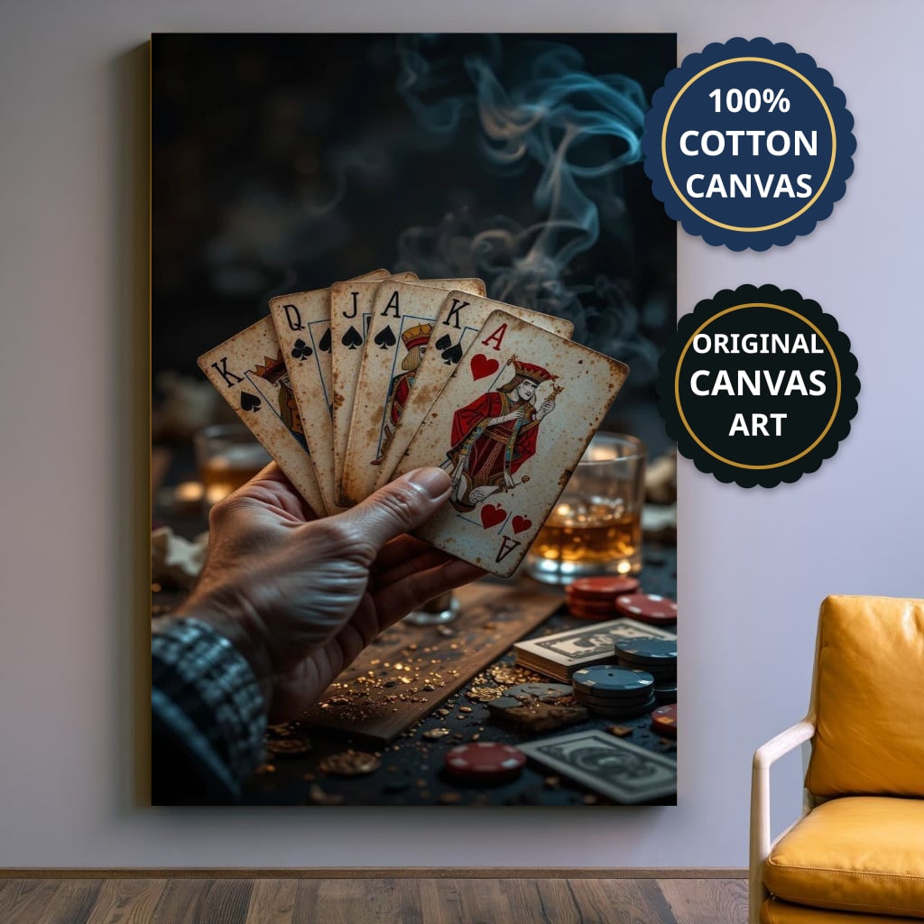 Playing Cards Fan In Smoky Casino Canvas Wall Art, Large Vertical