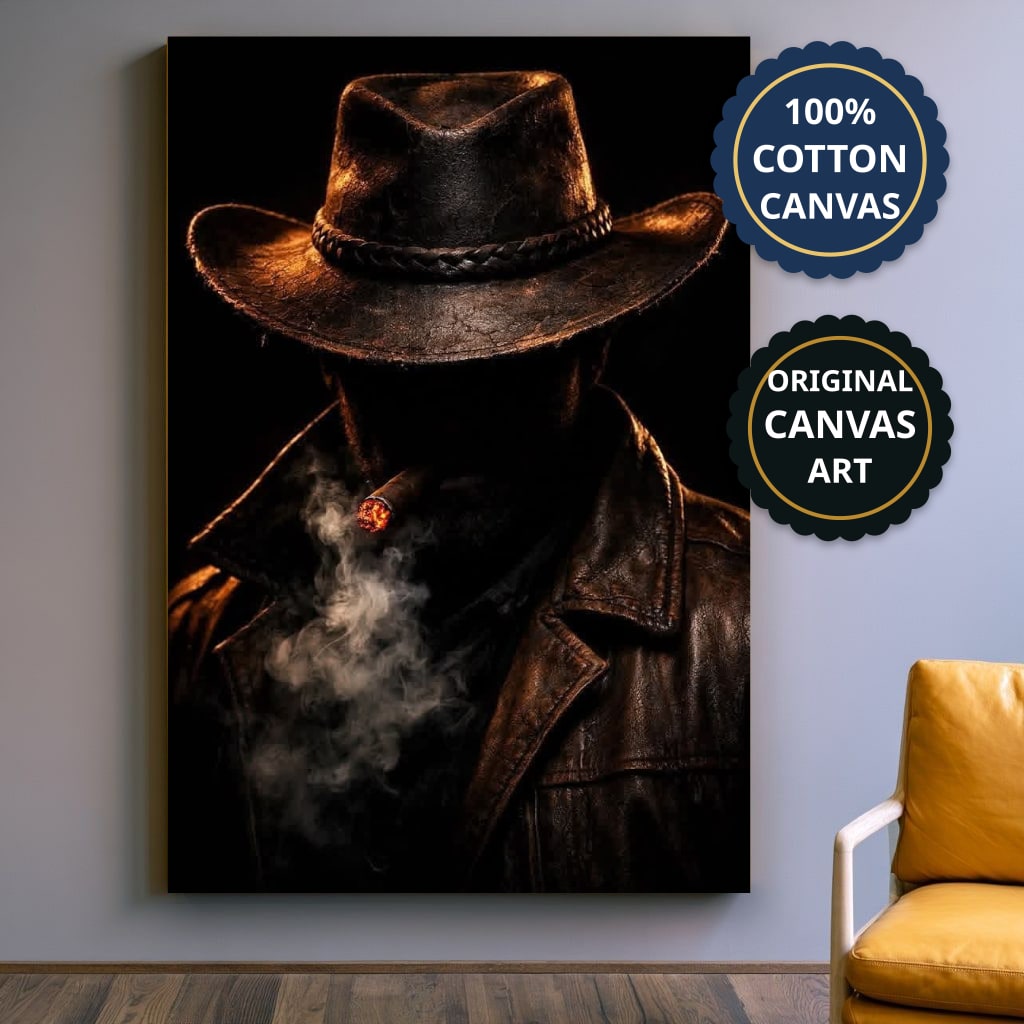Mysterious Cowboy With Cigar Smoke Canvas Wall Art, Large Vertical