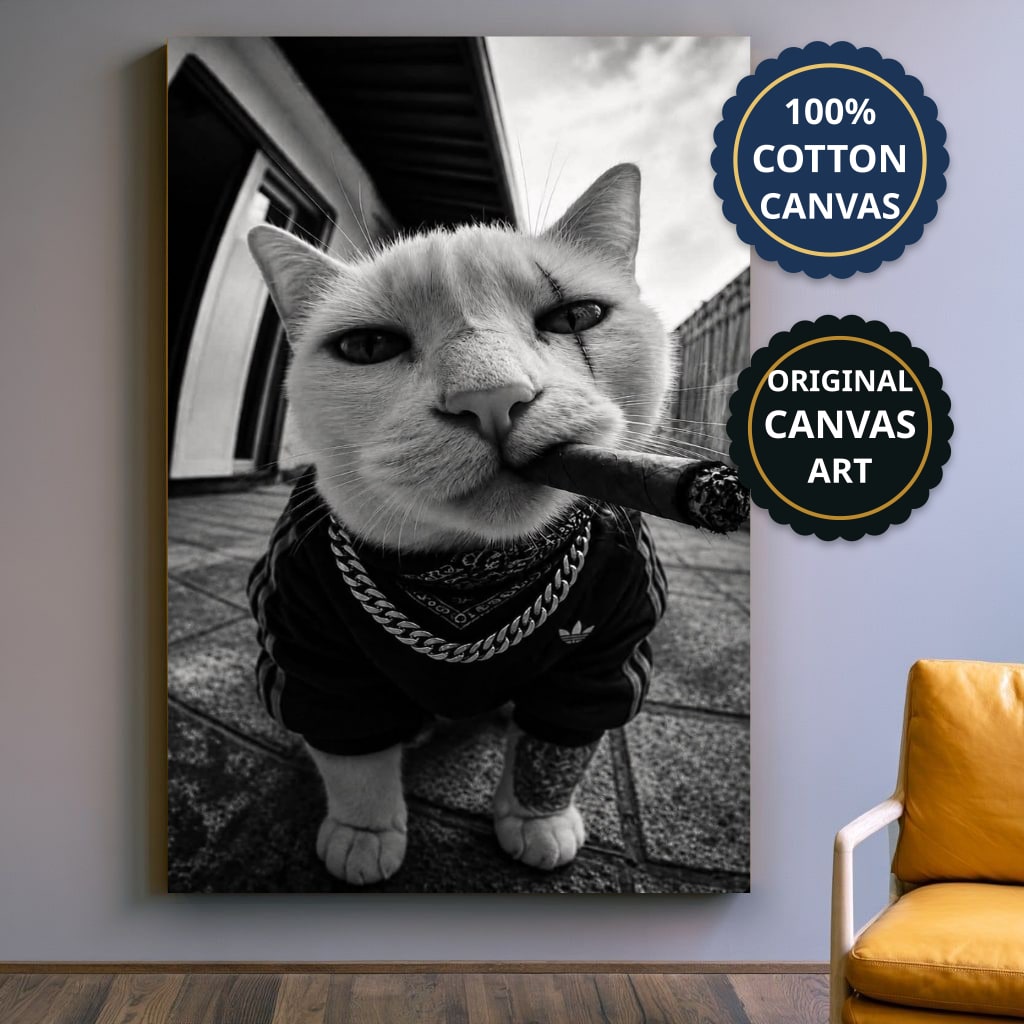 Cat Smoking Cigar In Street Canvas Wall Art, Large Vertical