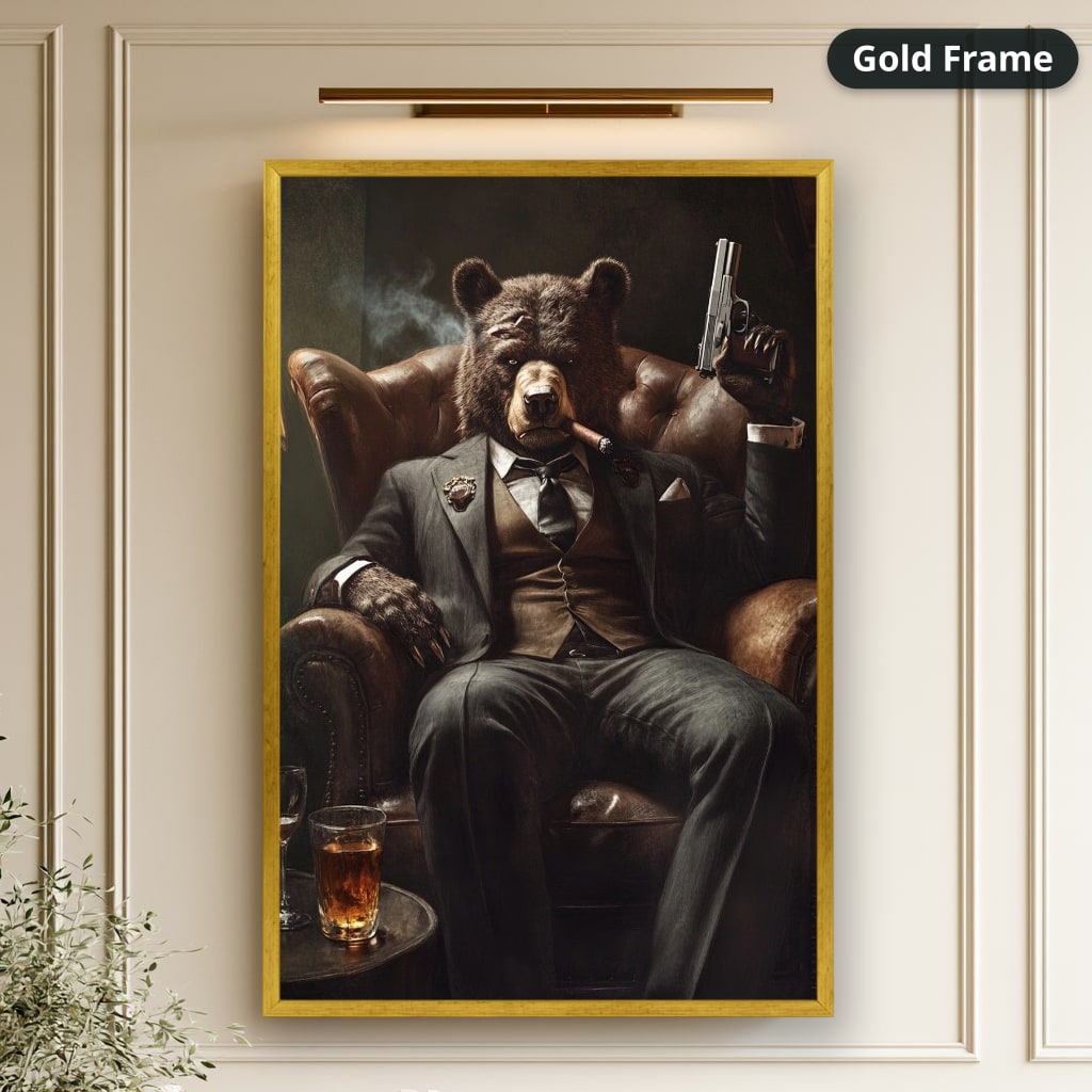 Bear Mob Boss In Armchair Canvas Wall Art, Large Vertical