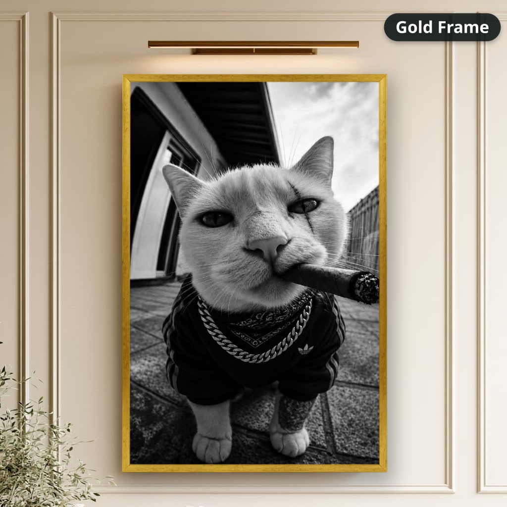 Cat Smoking Cigar In Street Canvas Wall Art, Large Vertical