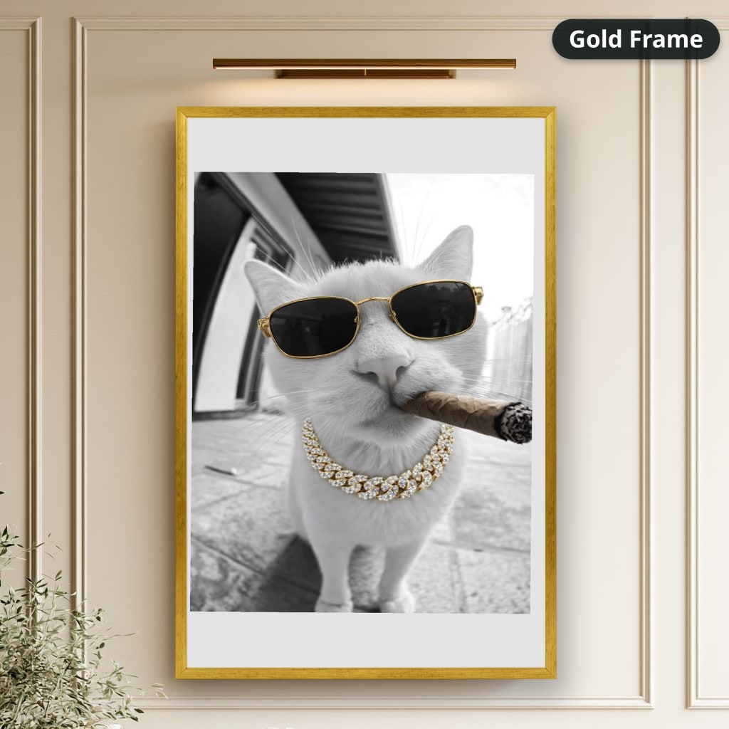 White Cat Wearing Sunglasses With Cigar Canvas Wall Art