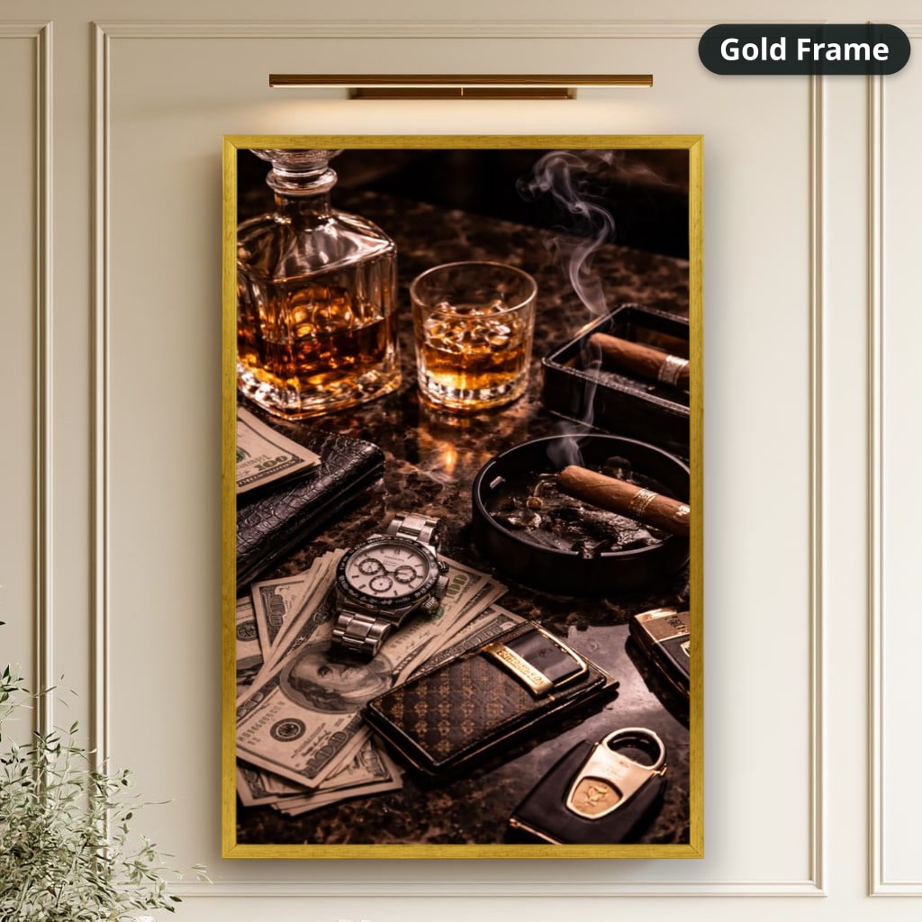 Whiskey Cigar And Luxury Desk Canvas Wall Art, Large Vertical