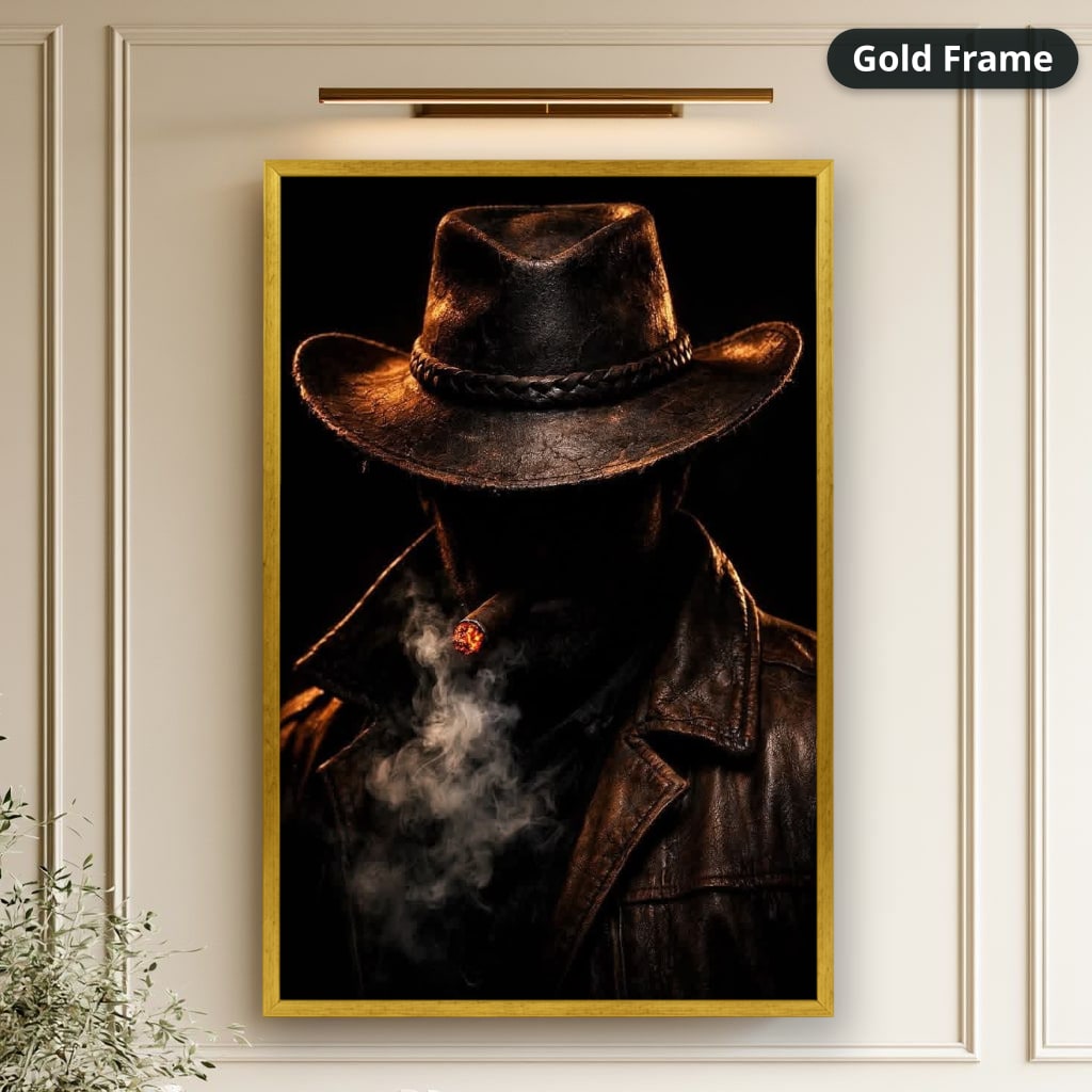 Mysterious Cowboy With Cigar Smoke Canvas Wall Art, Large Vertical