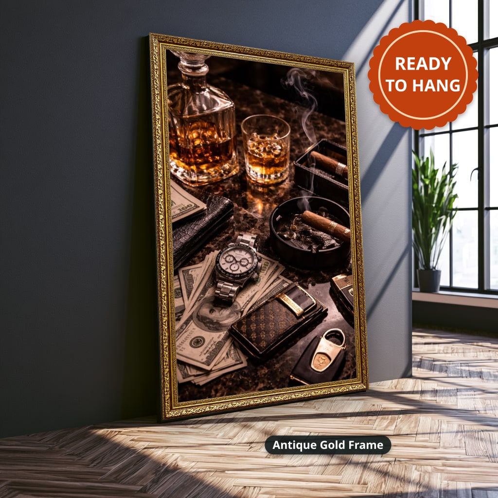 Whiskey Cigar And Luxury Desk Canvas Wall Art, Large Vertical