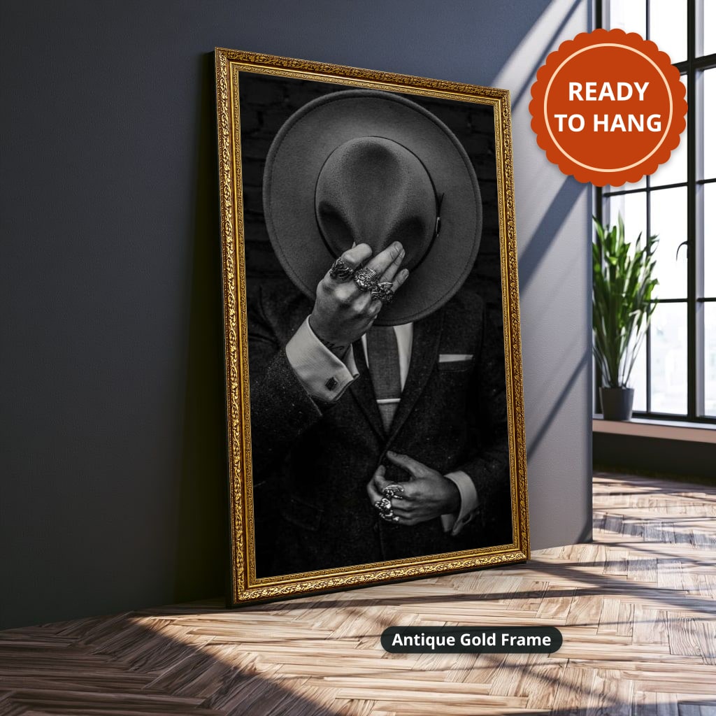 Faceless Man Holding Hat In Suit Canvas Wall Art, Large Vertical