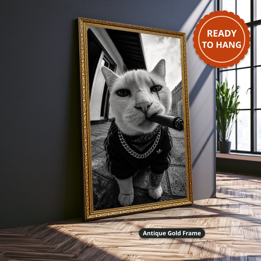 Cat Smoking Cigar In Street Canvas Wall Art, Large Vertical