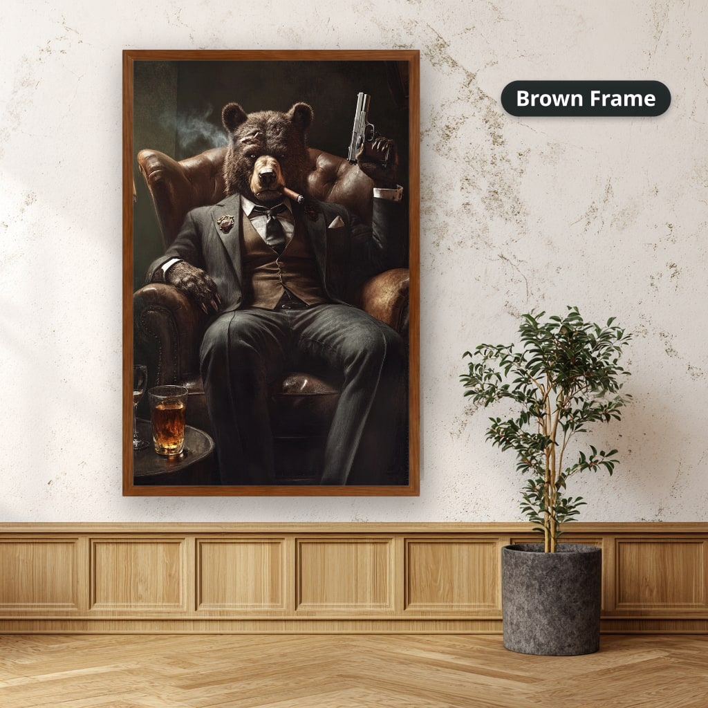 Bear Mob Boss In Armchair Canvas Wall Art, Large Vertical