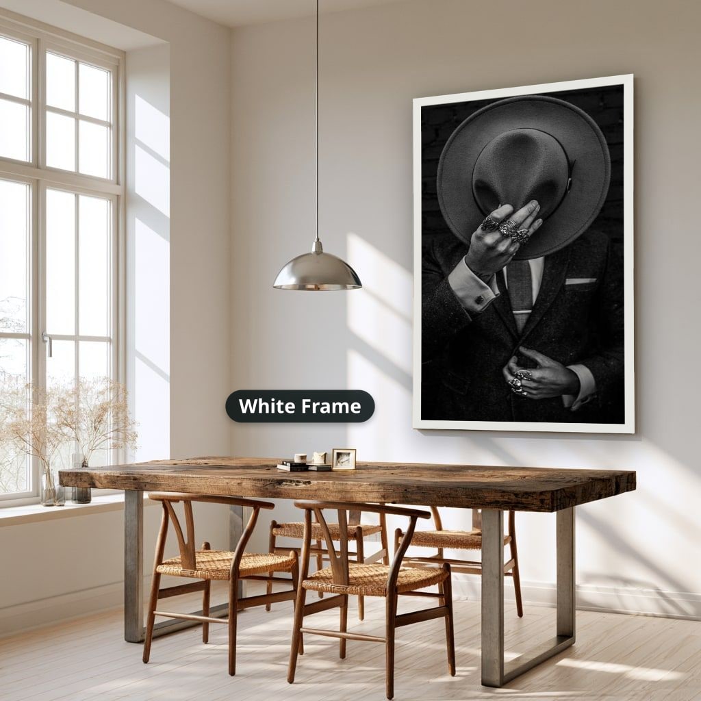 Faceless Man Holding Hat In Suit Canvas Wall Art, Large Vertical