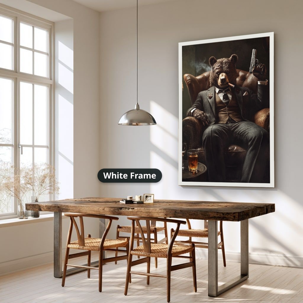 Bear Mob Boss In Armchair Canvas Wall Art, Large Vertical