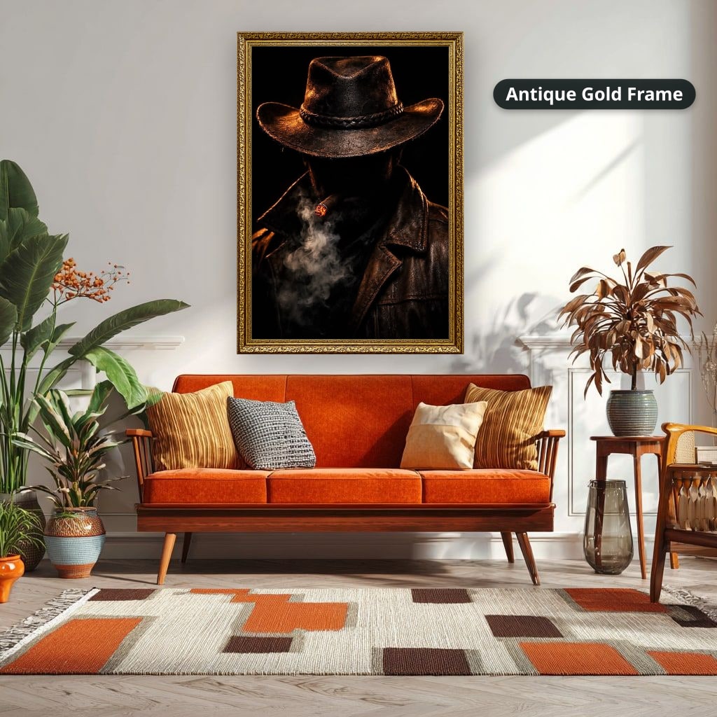Mysterious Cowboy With Cigar Smoke Canvas Wall Art, Large Vertical