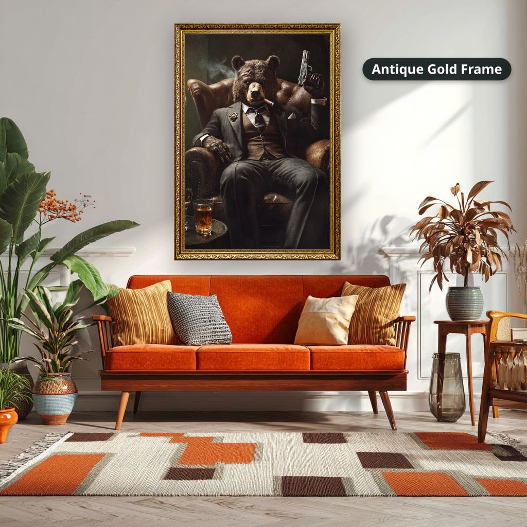 Bear Mob Boss In Armchair Canvas Wall Art, Large Vertical