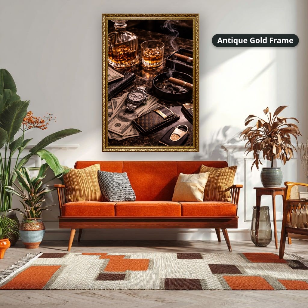 Whiskey Cigar And Luxury Desk Canvas Wall Art, Large Vertical