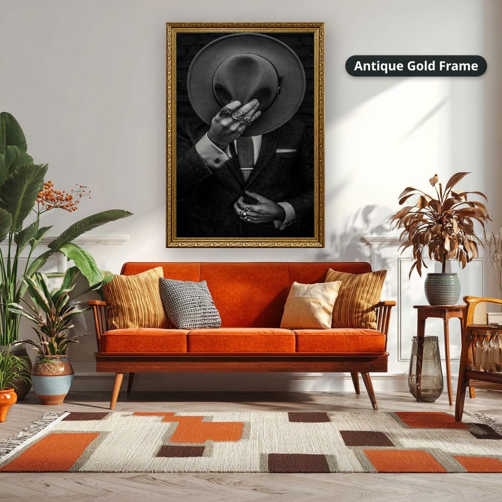 Faceless Man Holding Hat In Suit Canvas Wall Art, Large Vertical