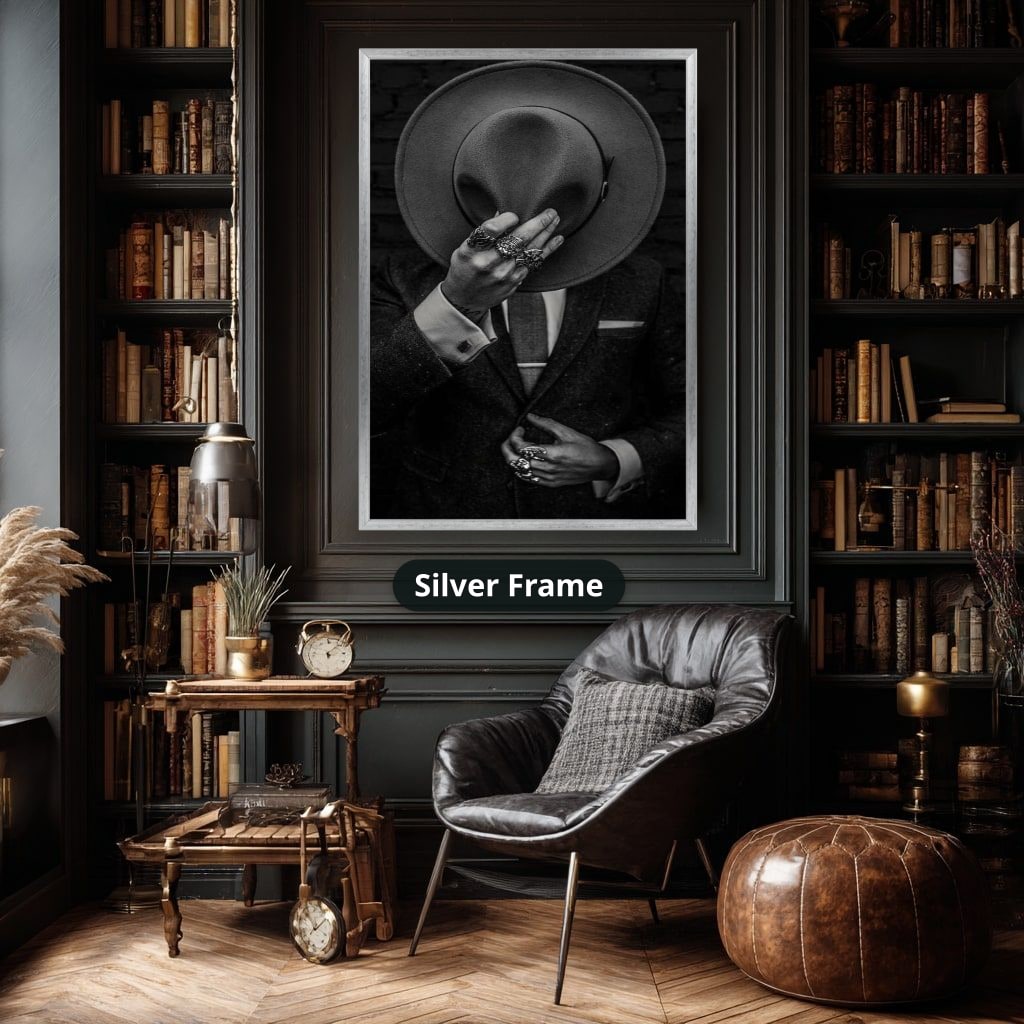 Faceless Man Holding Hat In Suit Canvas Wall Art, Large Vertical