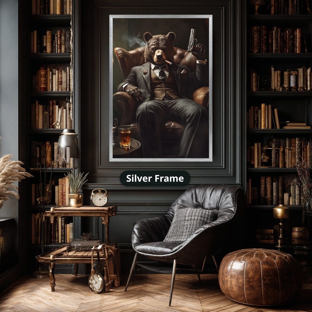 Bear Mob Boss In Armchair Canvas Wall Art, Large Vertical