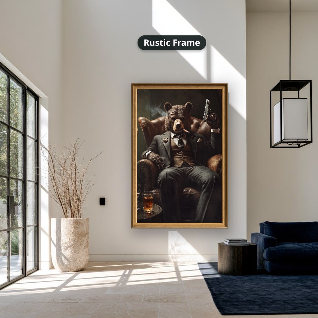 Bear Mob Boss In Armchair Canvas Wall Art, Large Vertical