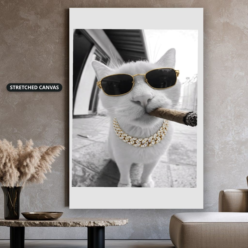 White Cat Wearing Sunglasses With Cigar Canvas Wall Art