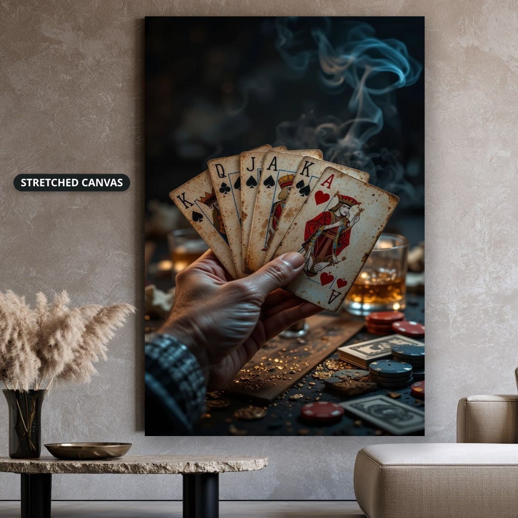 Playing Cards Fan In Smoky Casino Canvas Wall Art, Large Vertical