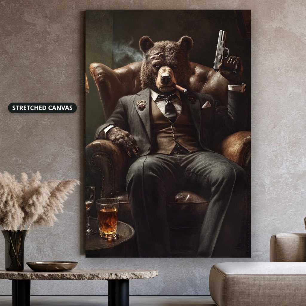 Bear Mob Boss In Armchair Canvas Wall Art, Large Vertical