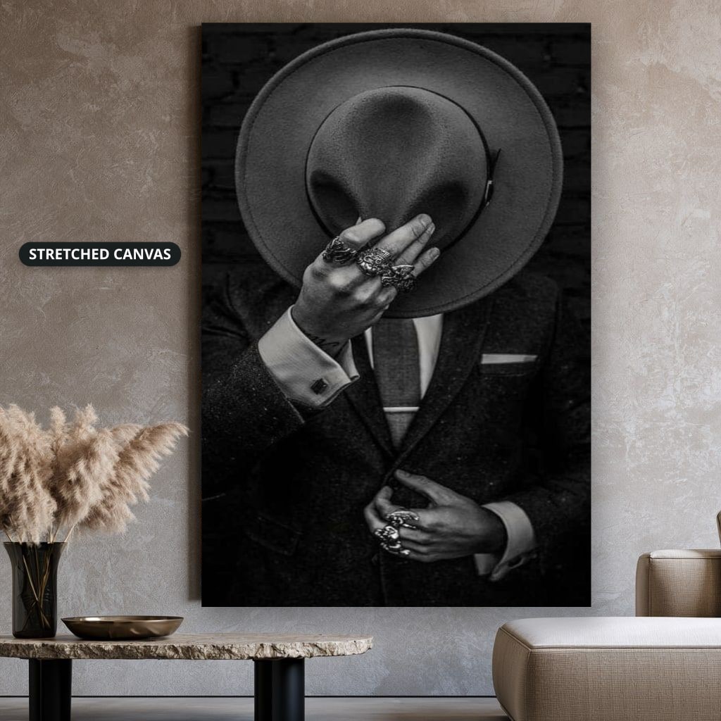 Faceless Man Holding Hat In Suit Canvas Wall Art, Large Vertical