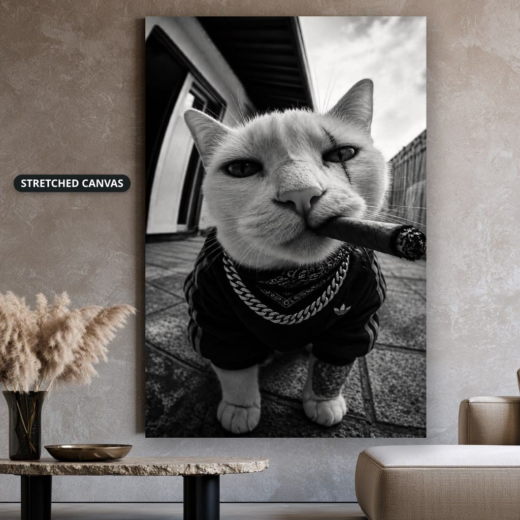 Cat Smoking Cigar In Street Canvas Wall Art, Large Vertical