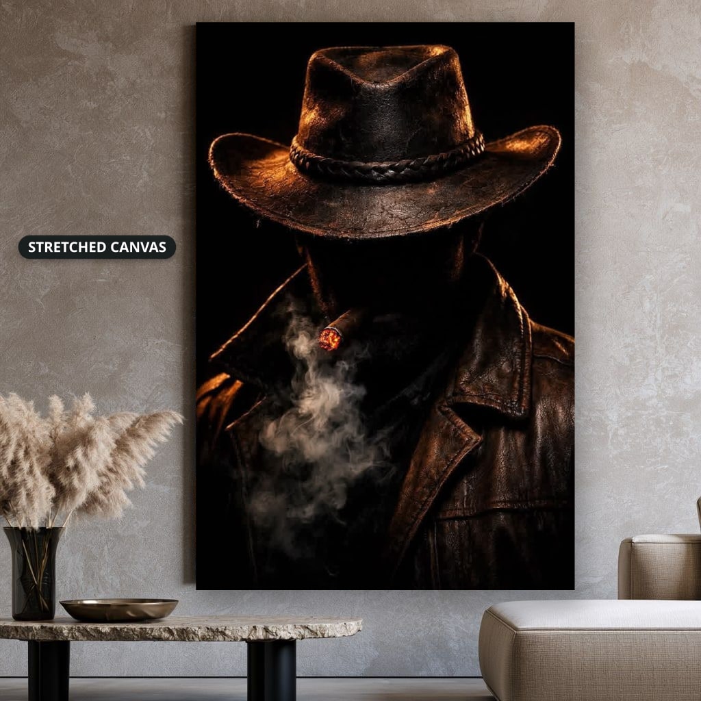 Mysterious Cowboy With Cigar Smoke Canvas Wall Art, Large Vertical