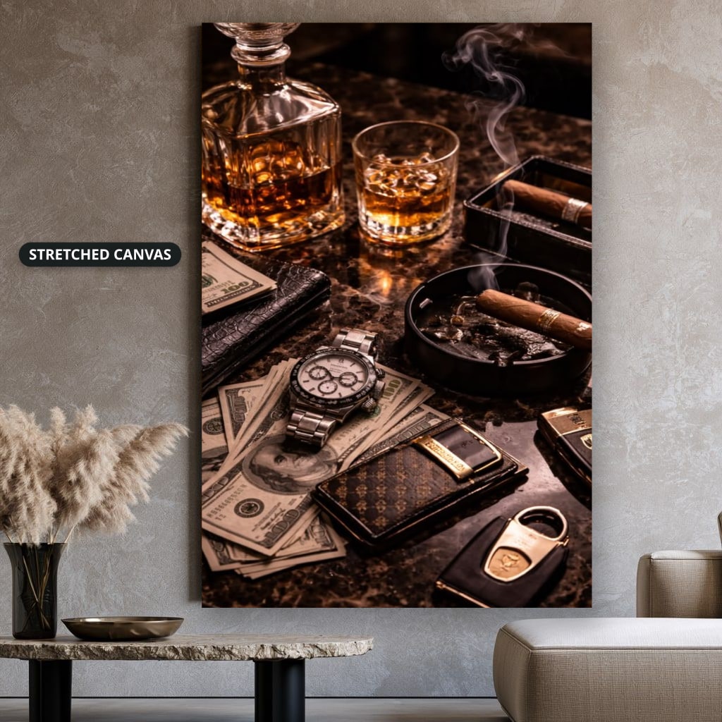 Whiskey Cigar And Luxury Desk Canvas Wall Art, Large Vertical