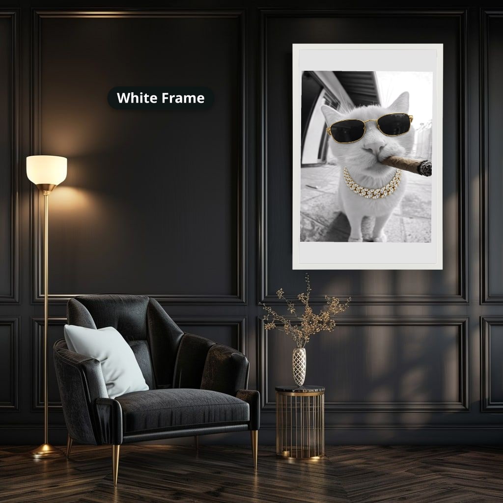 White Cat Wearing Sunglasses With Cigar Canvas Wall Art
