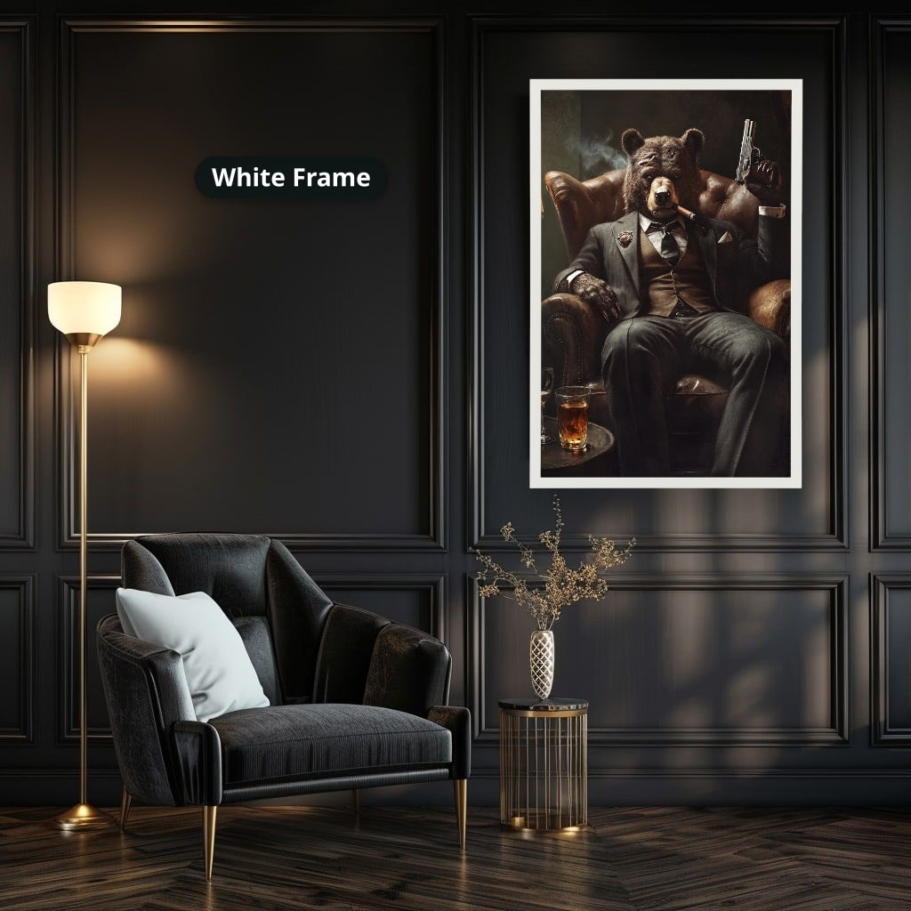 Bear Mob Boss In Armchair Canvas Wall Art, Large Vertical