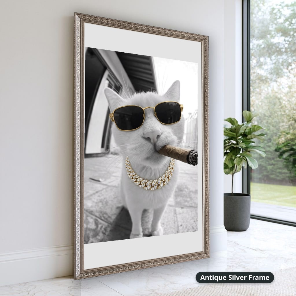 White Cat Wearing Sunglasses With Cigar Canvas Wall Art