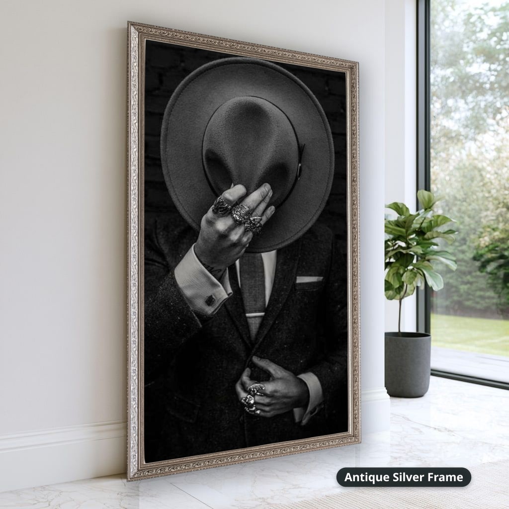 Faceless Man Holding Hat In Suit Canvas Wall Art, Large Vertical