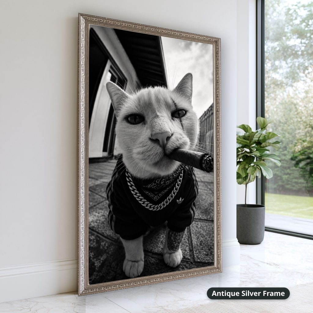 Cat Smoking Cigar In Street Canvas Wall Art, Large Vertical