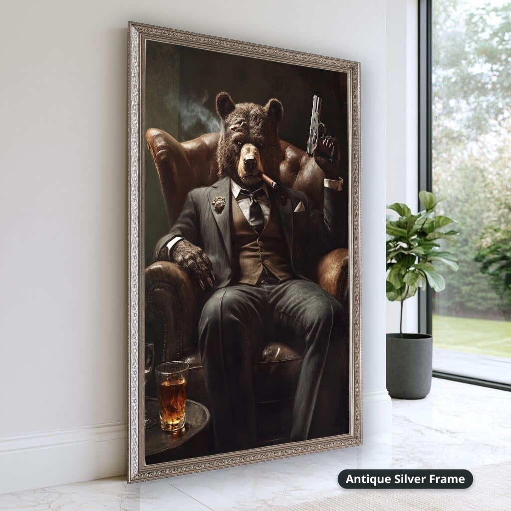 Bear Mob Boss In Armchair Canvas Wall Art, Large Vertical