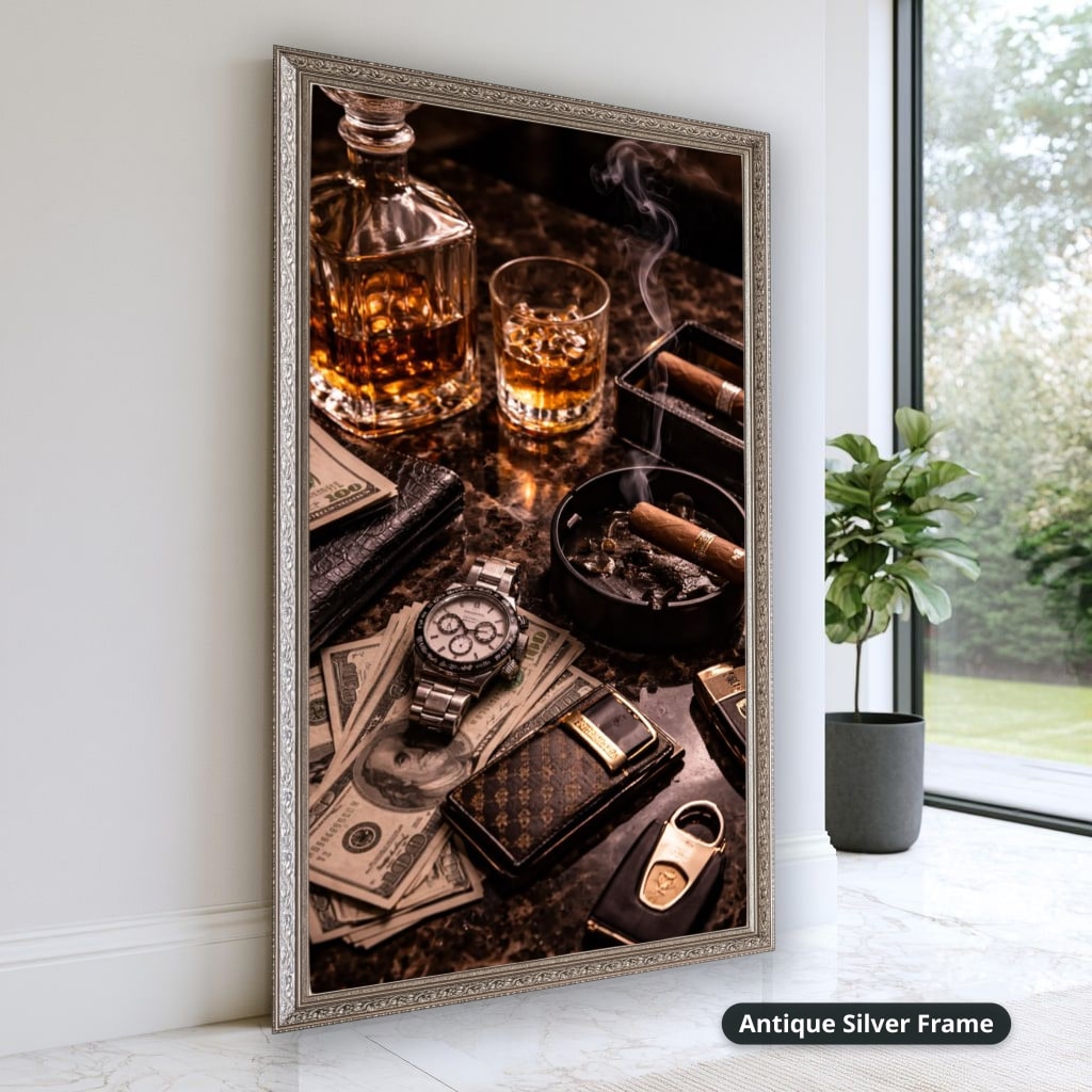 Whiskey Cigar And Luxury Desk Canvas Wall Art, Large Vertical
