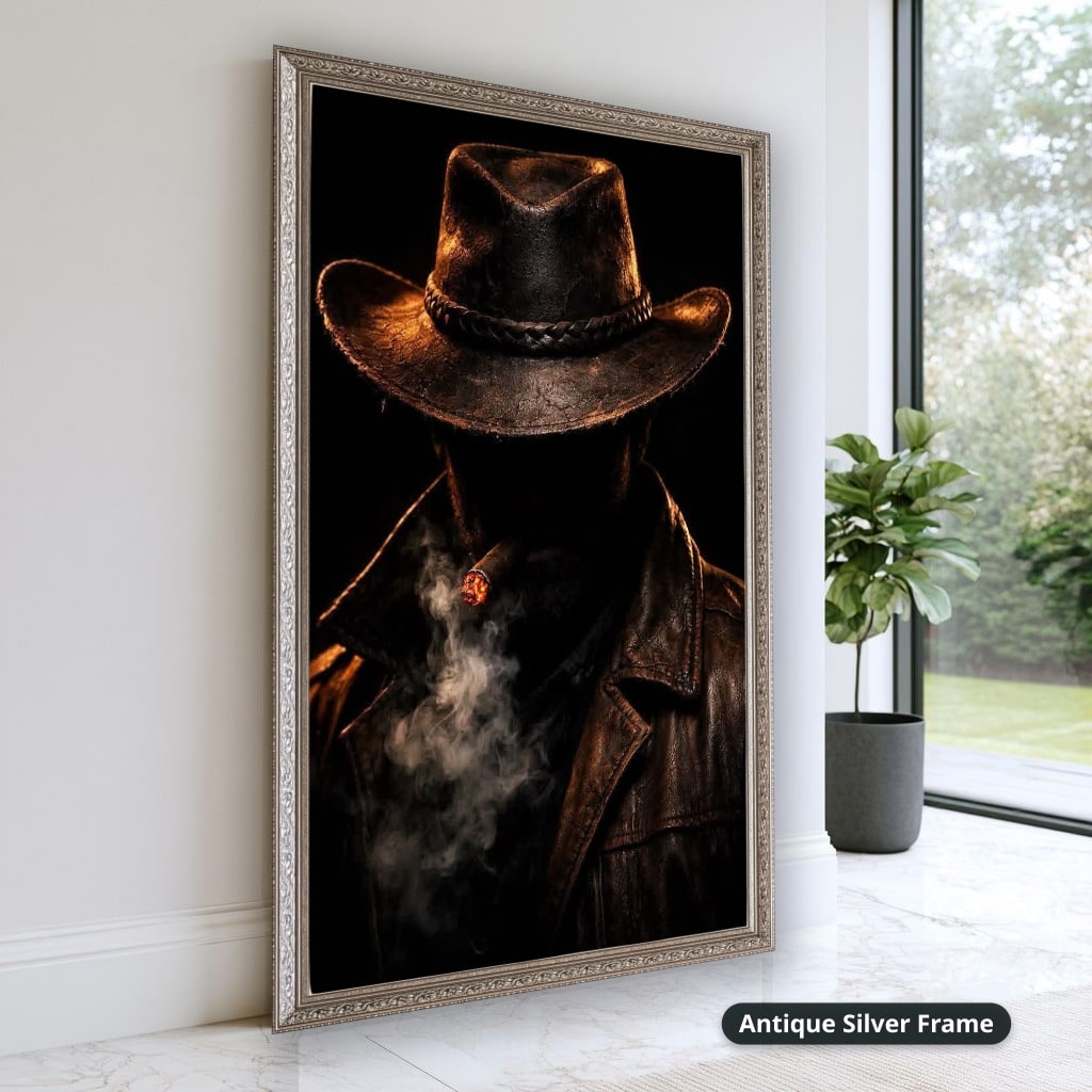 Mysterious Cowboy With Cigar Smoke Canvas Wall Art, Large Vertical